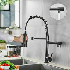 2023 New Brass Matte Black pull out with spray function spring kitchen mixer tap faucet
