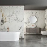Luxury bathroom with marble tiles and modern fixtures, Verona Ceramic showroom design.