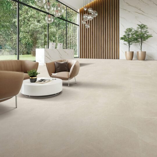 Light grey porcelain tile flooring in modern interior design and Melbourne showroom.