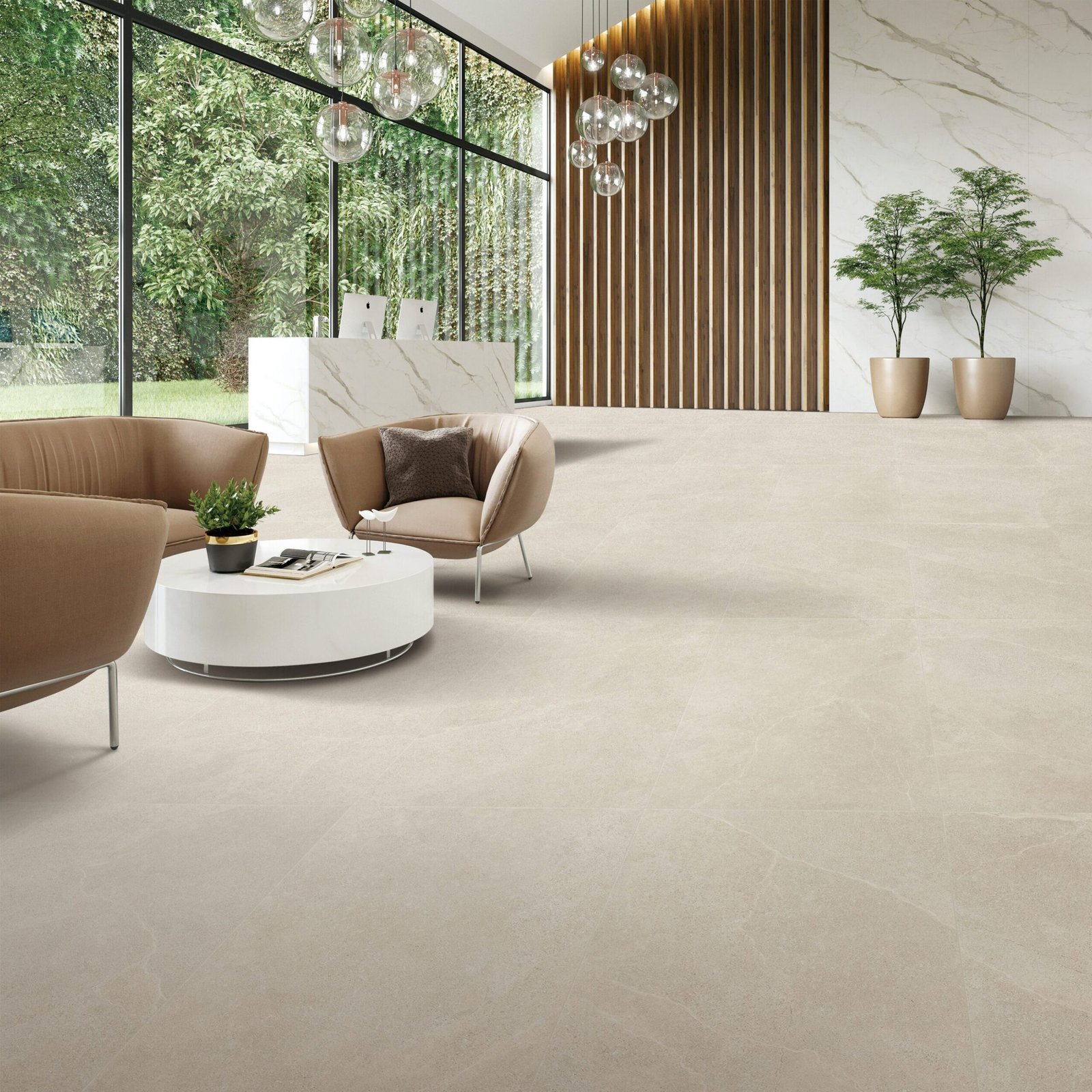 Light grey porcelain tile flooring in modern interior design and Melbourne showroom.