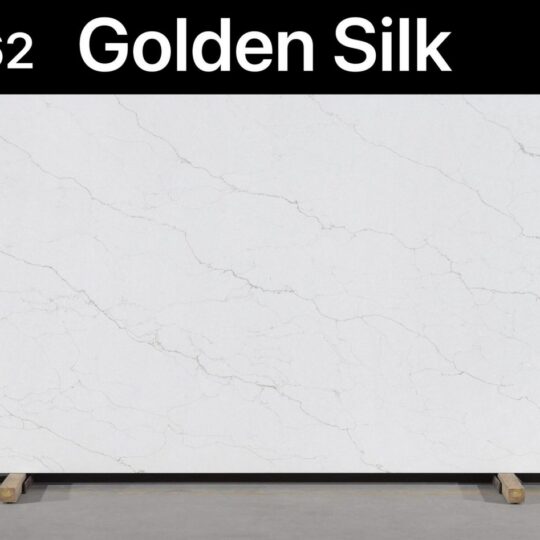 Golden Silk engineered stone slab with white veining, premium zero-silica surfacing