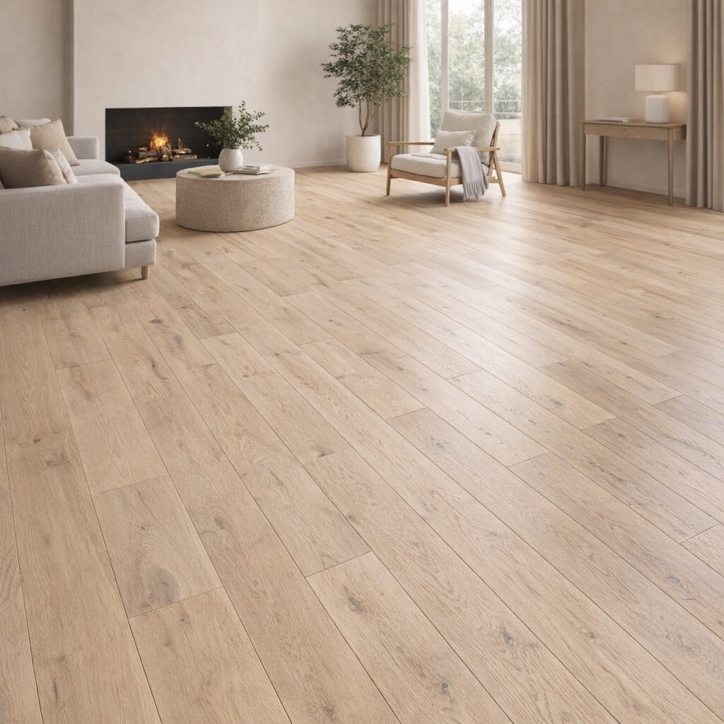 Living room interior showcasing engineered European oak timber flooring with a natural oak grain.