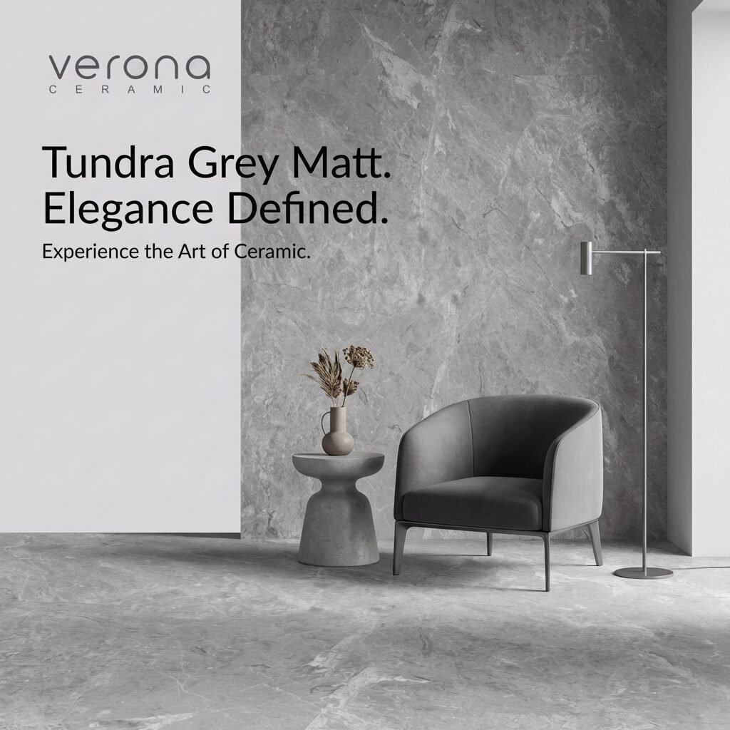 TD6006M Silver-Grey Tundra Marble Porcelain tile, textured grey wall and modern armchair interior design.
