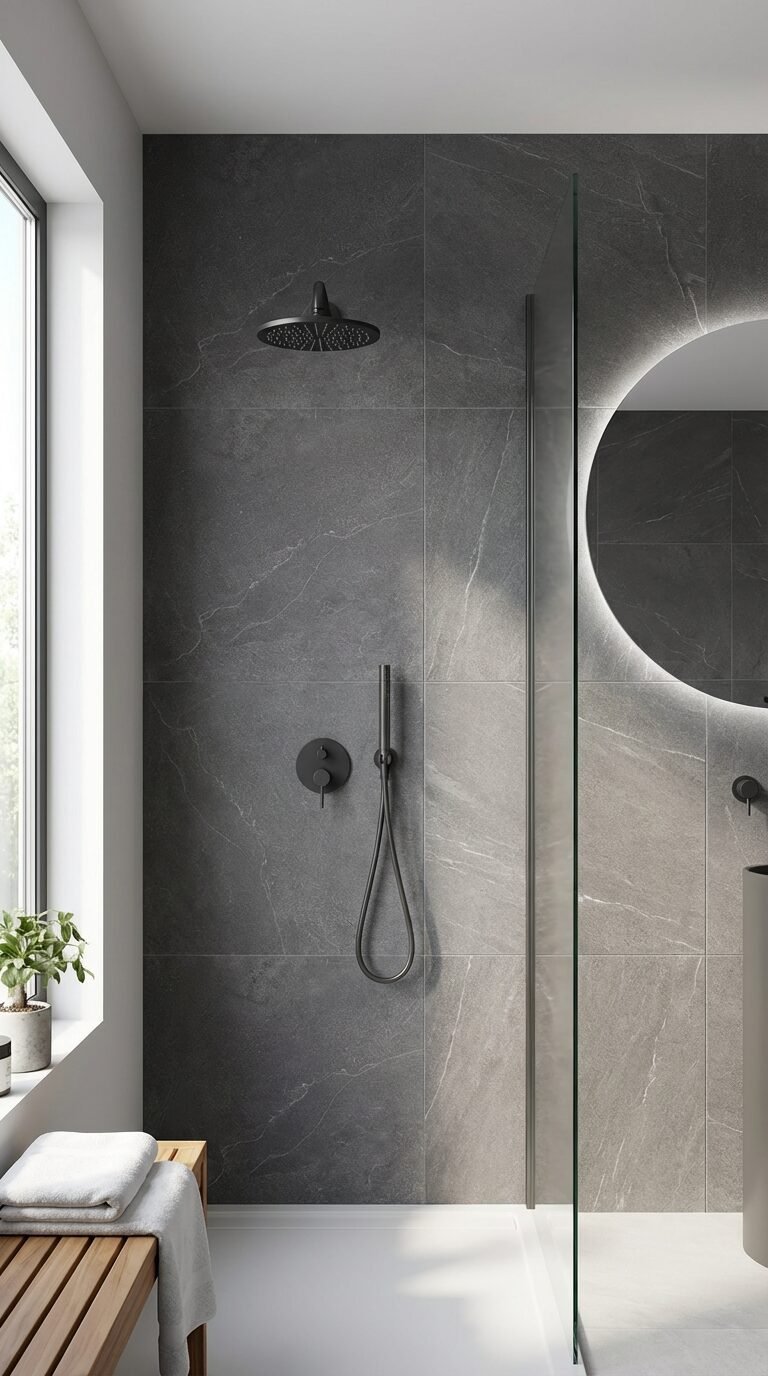 Contemporary bathroom featuring TK6009M charcoal palette tile and minimalist fixtures.