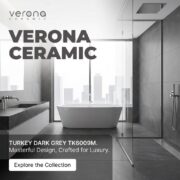 Verona Ceramic TK6009M tile installation in modern bathroom with dark grey palette and freestanding tub.