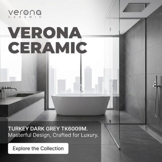 Verona Ceramic TK6009M tile installation in modern bathroom with dark grey palette and freestanding tub.