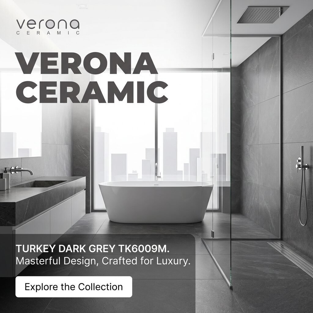 Verona Ceramic TK6009M tile installation in modern bathroom with dark grey palette and freestanding tub.