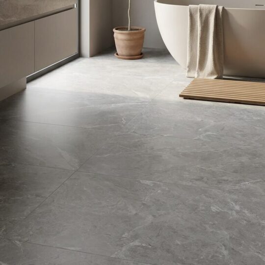 Grey Tundra Marble Porcelain tile flooring in a modern bathroom setting