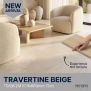 600x600mm travertine beige porcelain tile showcasing texture and design.