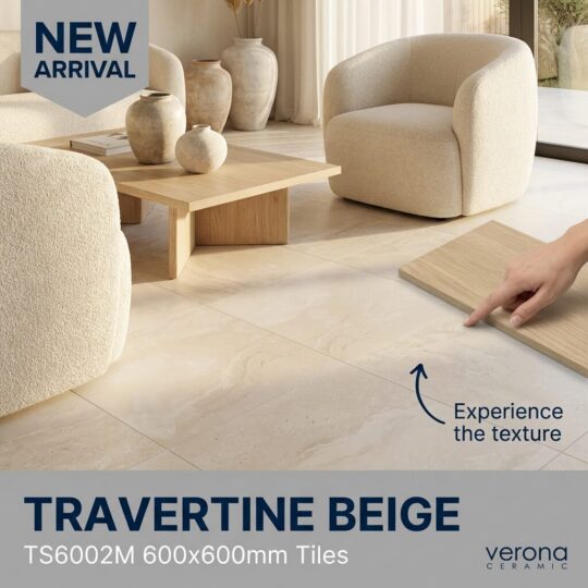600x600mm travertine beige porcelain tile showcasing texture and design.