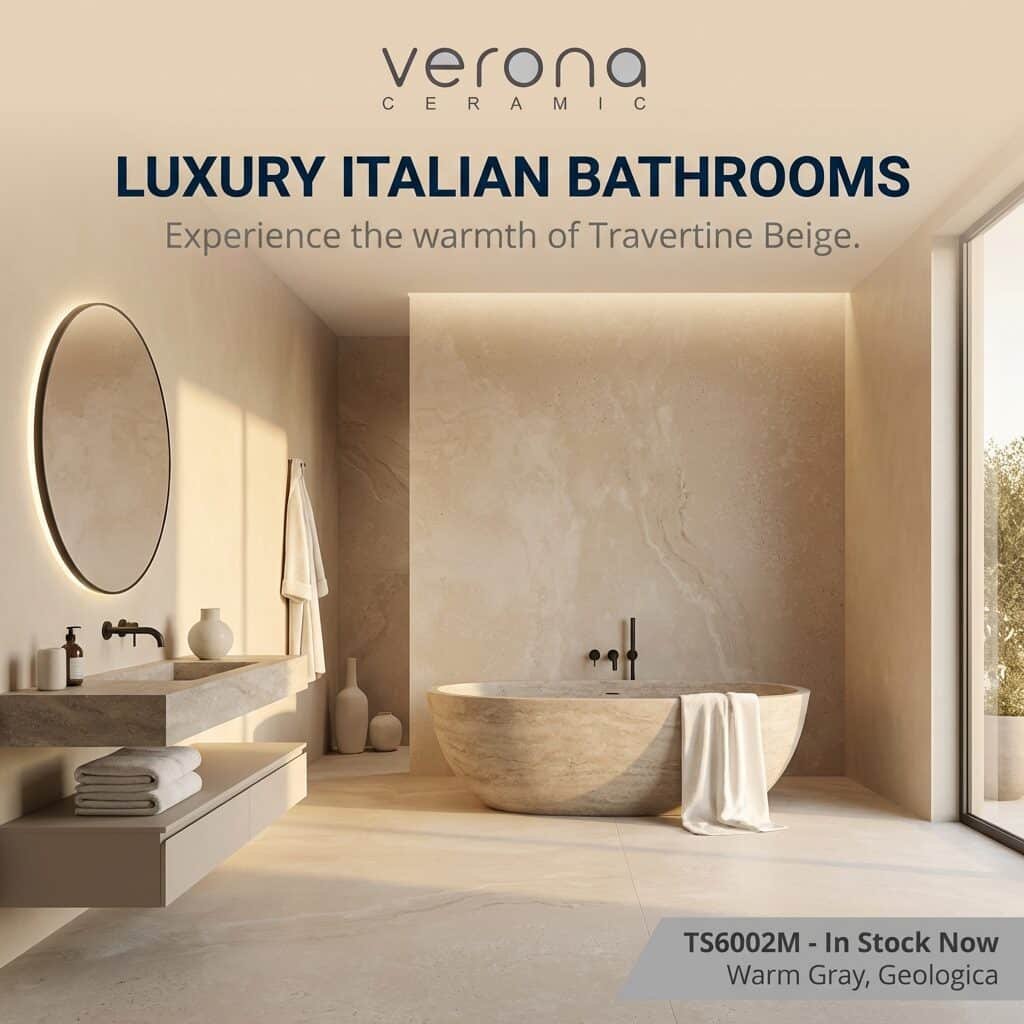 Classic Travertine Aesthetic 600x600mm porcelain tile installation in luxury bathroom setting, TS6002M Warm Gray travertine look.