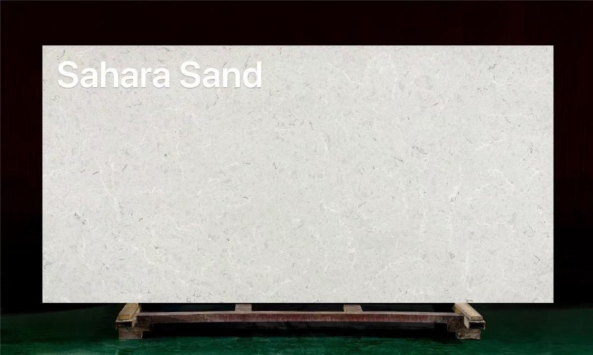Sahara Sand premium zero-silica engineered stone slab with subtle sandy-grey undertones.