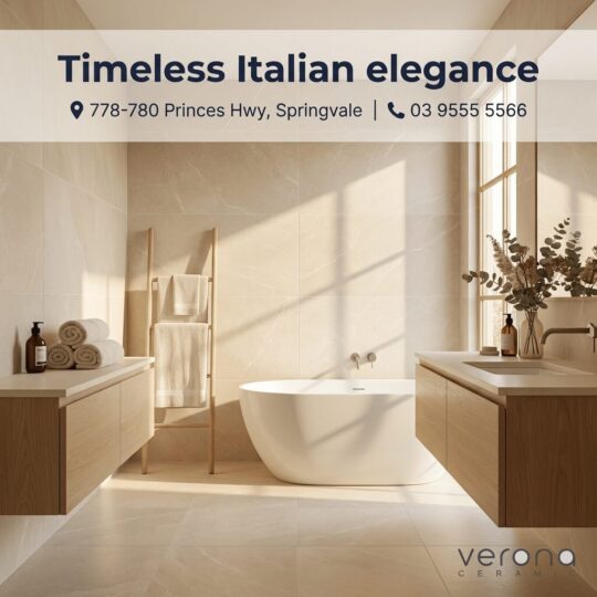 Grey polished marble look tile bathroom interior and Verona Ceramic showroom.