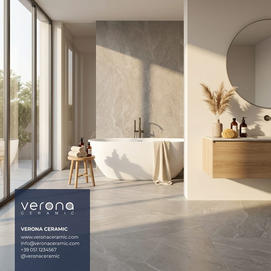 Warm minimalist bathroom design featuring Verona Ceramic's Urban Greige Collection tile and smooth matte finish.