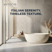 Luminous Stone Essence tile showcasing creamy beige tones and smooth matte finish in a bathroom setting.