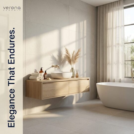 Modern bathroom design with 600x600mm tiles and micro-terrazzo flooring.