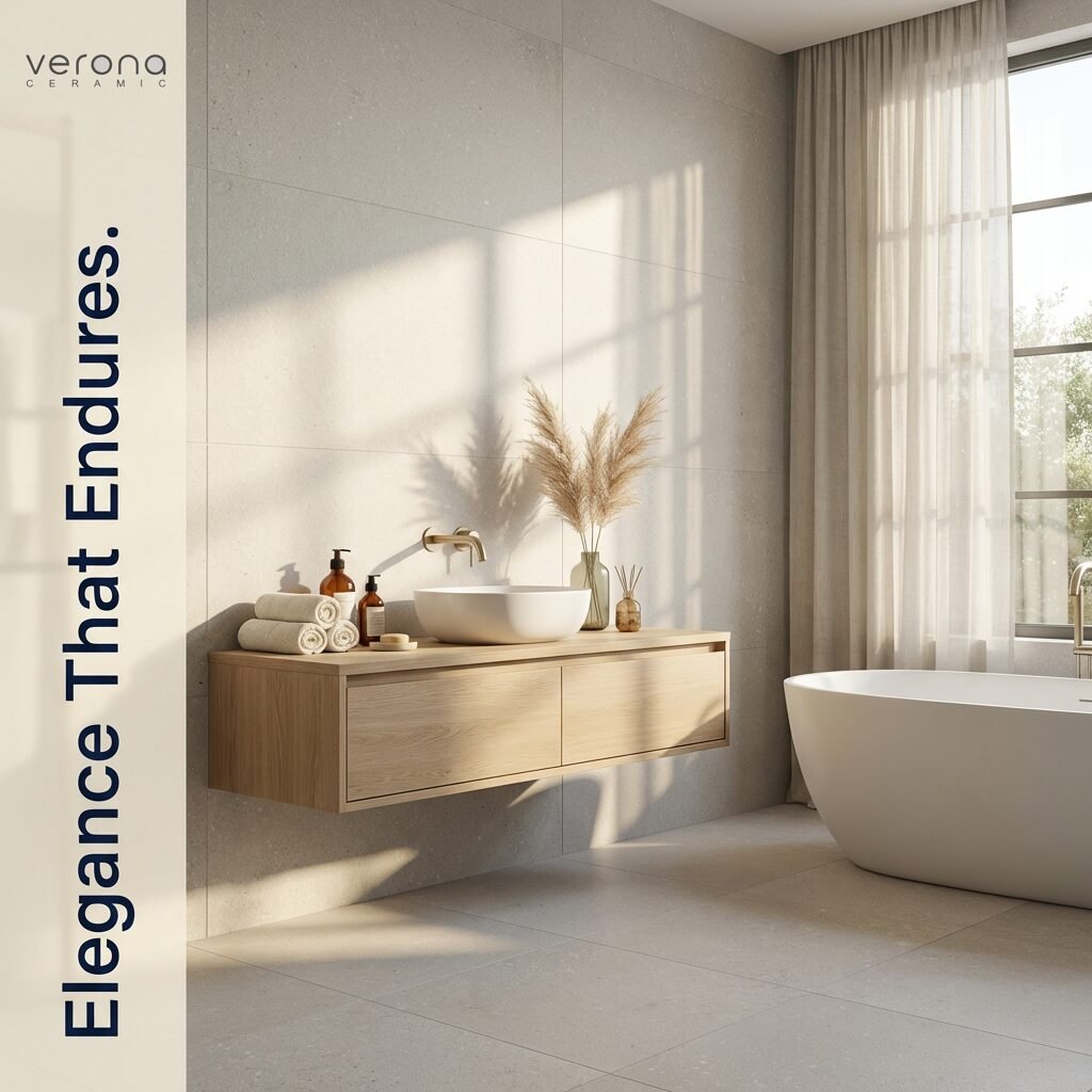 Modern bathroom design with 600x600mm tiles and micro-terrazzo flooring.
