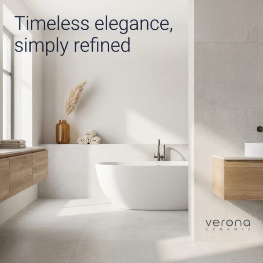 Light grey porcelain tile installation in modern bathroom interior, Verona Ceramic.