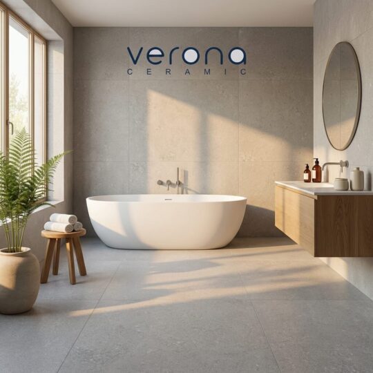 Bathroom design with grey micro-terrazzo tiles and Verona Ceramic logo