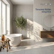 Light grey porcelain tile installation in modern bathroom setting with Verona branding.