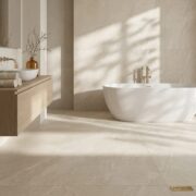 Light grey porcelain tile bathroom design with wood vanity and bathtub.