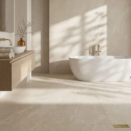 Light grey porcelain tile bathroom design with wood vanity and bathtub.