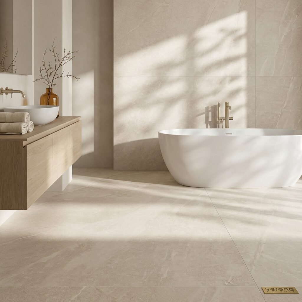 Light grey porcelain tile bathroom design with wood vanity and bathtub.