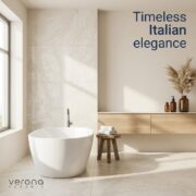 Luminous White-Grey Travertine porcelain tile installation in modern bathroom with freestanding tub and wood vanity.