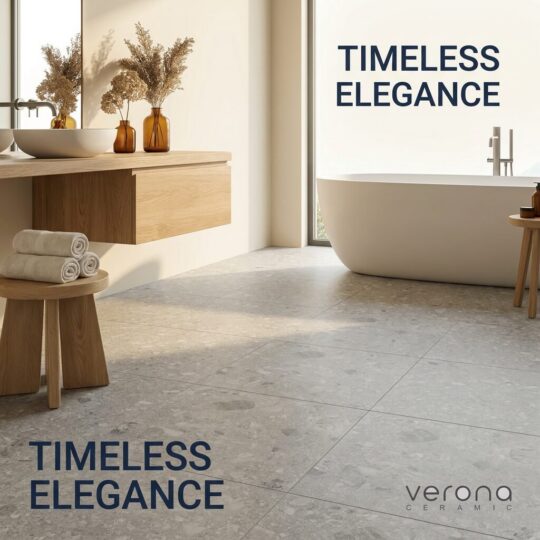 600x600mm terrazzo look porcelain tiles and bathroom design featuring Verona Ceramic.