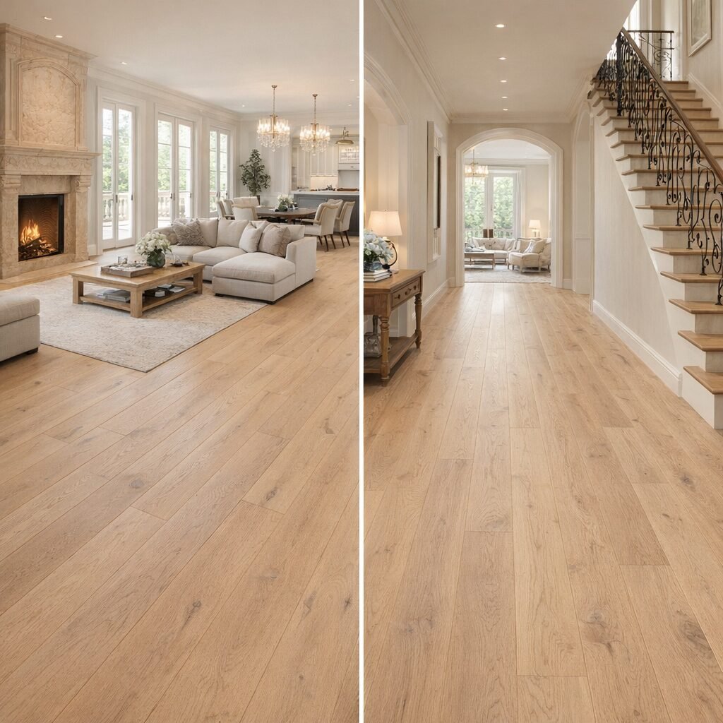 Creamy-beige Toasted Almond engineered European Oak flooring in a bright, modern interior with a fireplace and staircase.