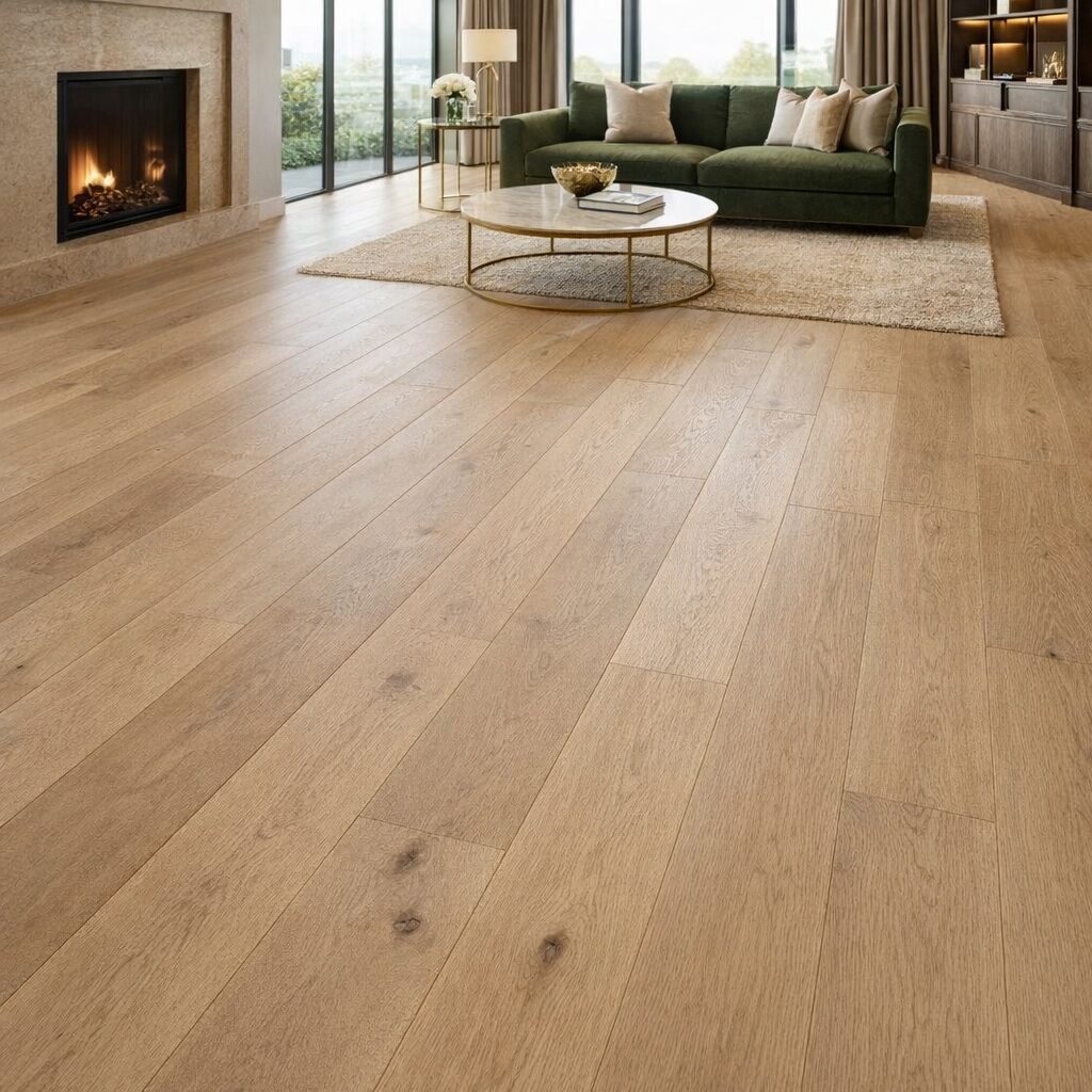 Living room interior showcasing Real Simple premium engineered European Oak flooring with warm honey tones and natural timber grain.
