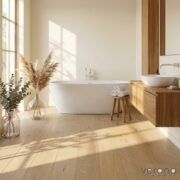 Light blonde Baguette European Oak engineered flooring in modern bathroom interior.