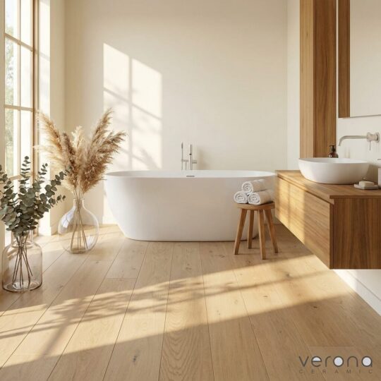 Light blonde Baguette European Oak engineered flooring in modern bathroom interior.