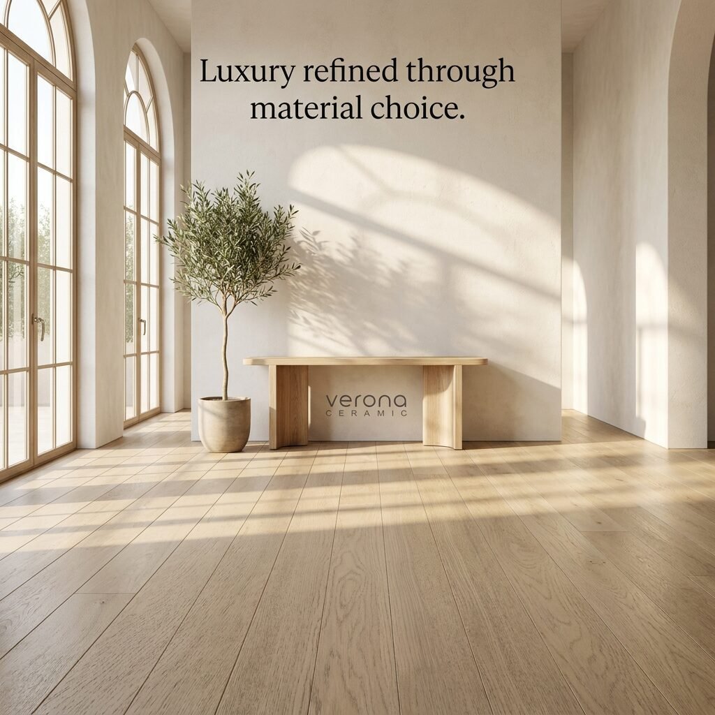 Interior showcasing Hot Stone European Oak flooring and Verona Ceramic branding.