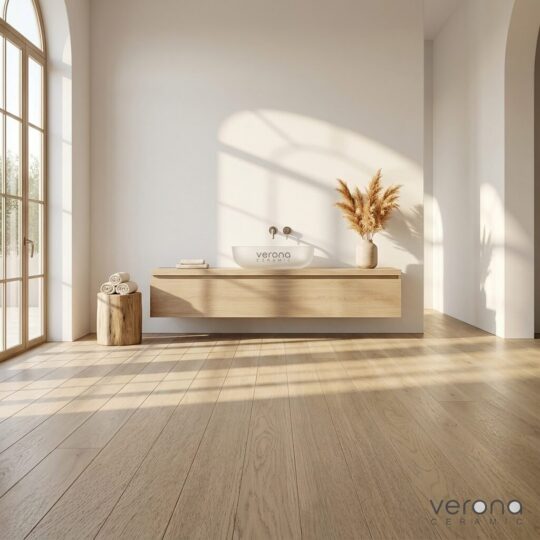 Hot Stone engineered European Oak flooring installation in modern interior with wooden vanity and decorative elements.