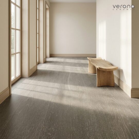 Grey-taupe European Oak engineered flooring installation in modern interior, showcasing Koala flooring by Verona Ceramic.