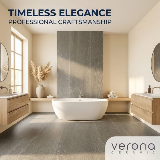 Premium European Oak engineered flooring installation in modern bathroom with white vanity and tub.
