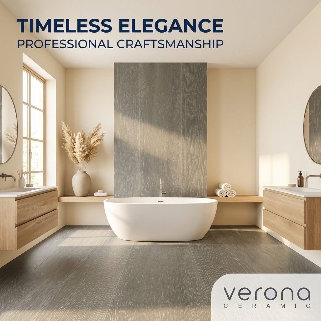 Premium European Oak engineered flooring installation in modern bathroom with white vanity and tub.