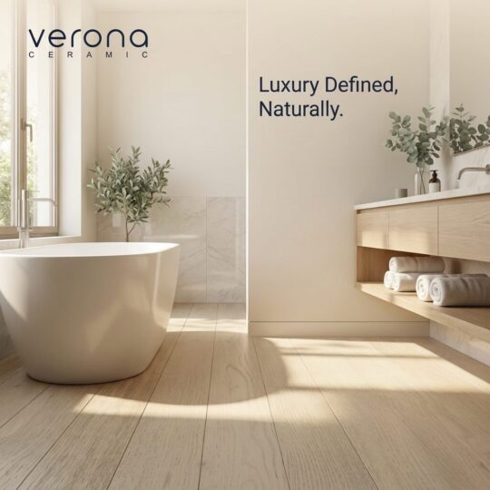 Luxury bathroom interior featuring European oak engineered timber flooring and tile.