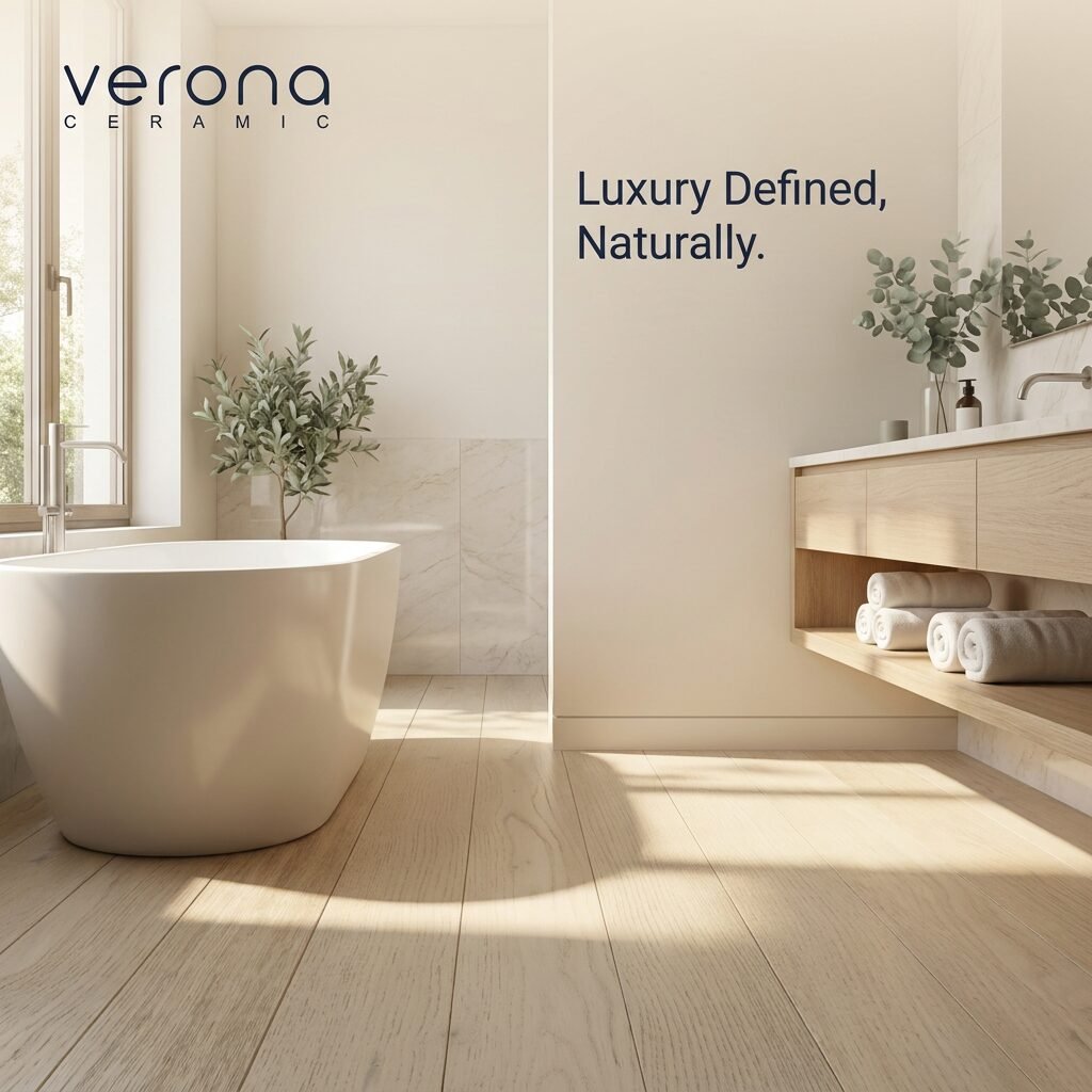 Luxury bathroom interior featuring European oak engineered timber flooring and tile.