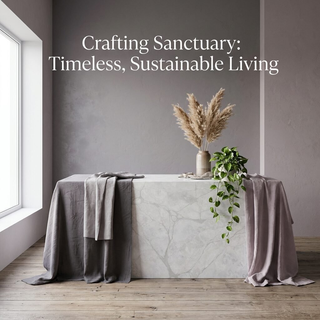 Hermes Gray engineered stone countertop with draped fabric and decorative plants, showcasing modern luxury.