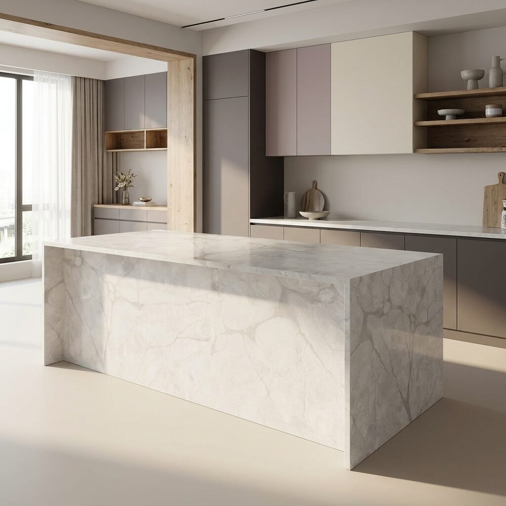 Hermes Gray engineered stone kitchen island with striking silver and charcoal veining.