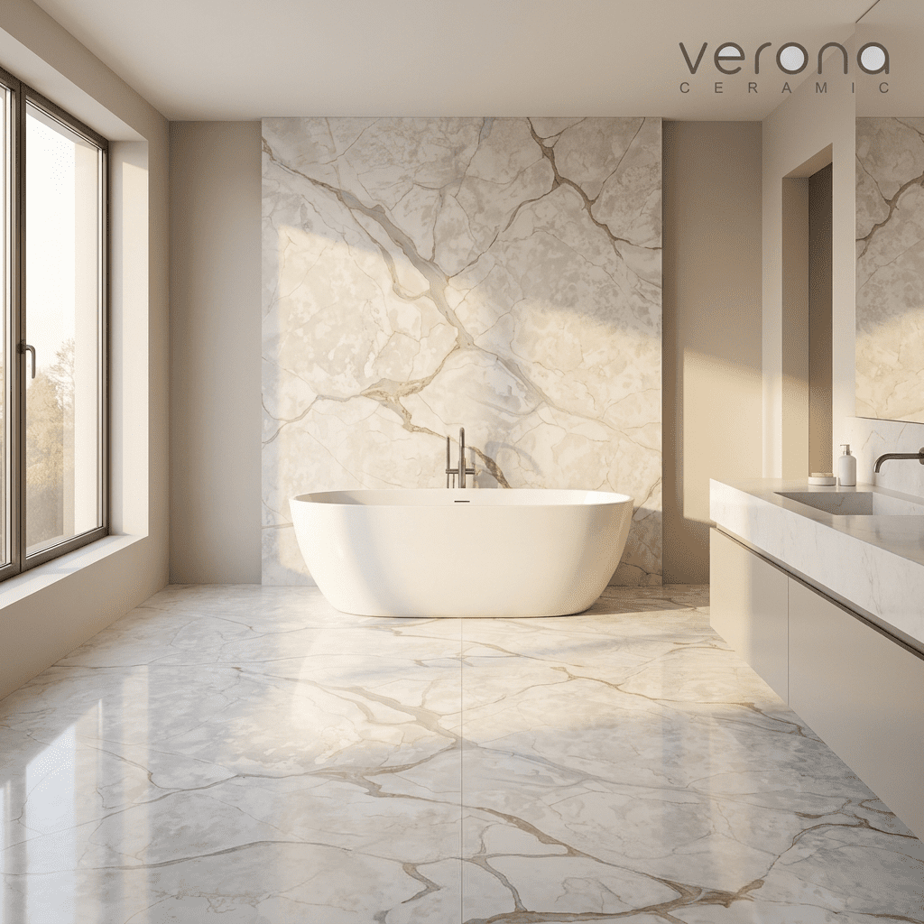 Marble-effect tiles and stone benchtop in a modern bathroom renovation project.