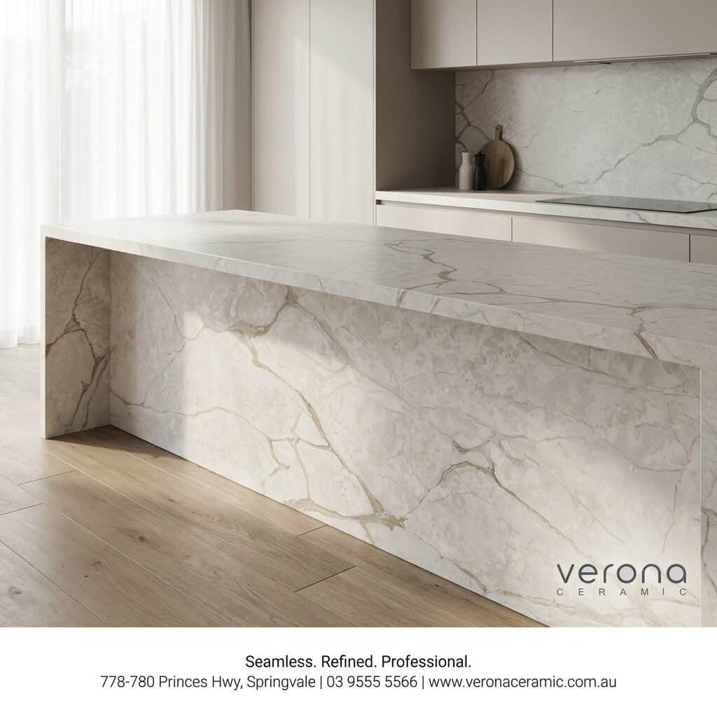Modern kitchen with Verona Ceramic engineered stone benchtop and tiles.