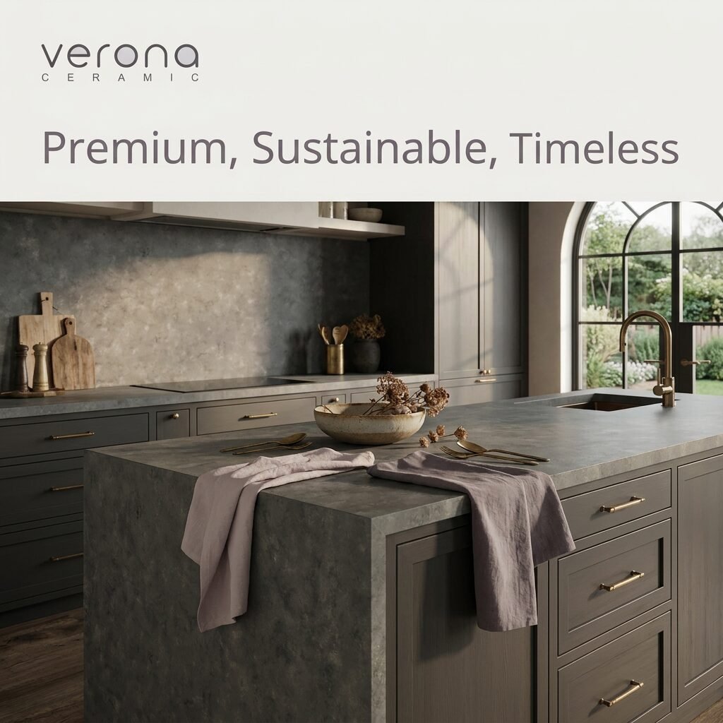 Anatolian Steel engineered stone kitchen island and countertop with leathered finish and dark green tones.