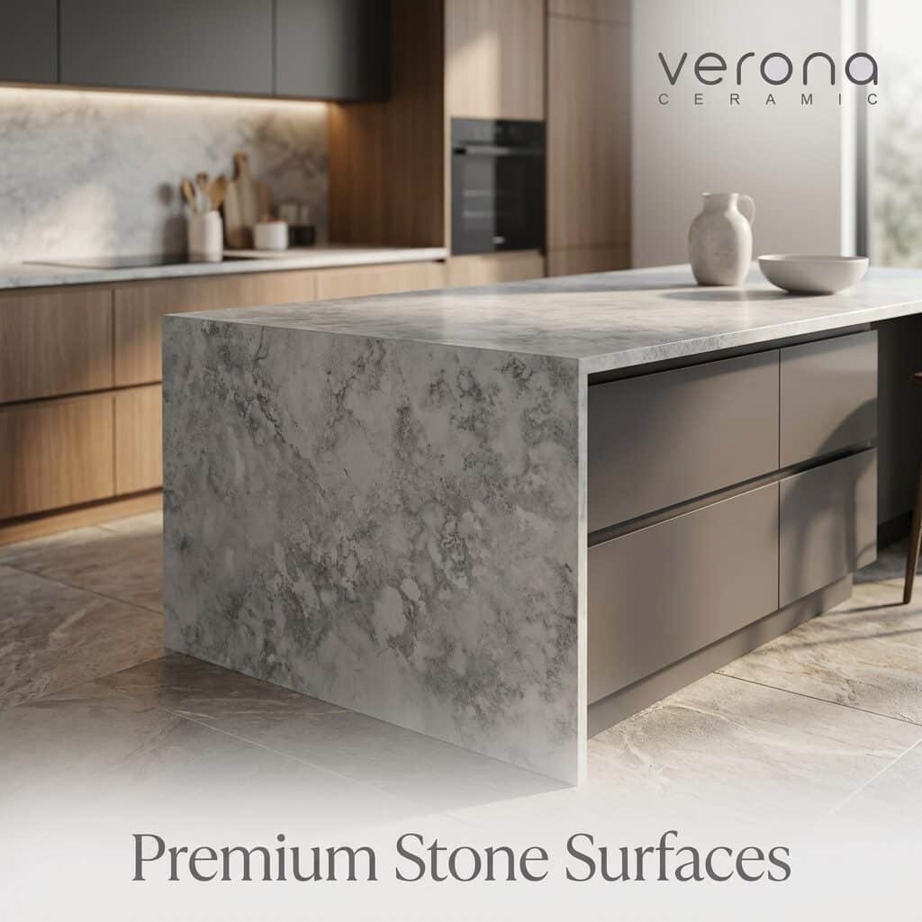 Modern kitchen island with Southern Mist engineered stone benchtops and cabinetry.