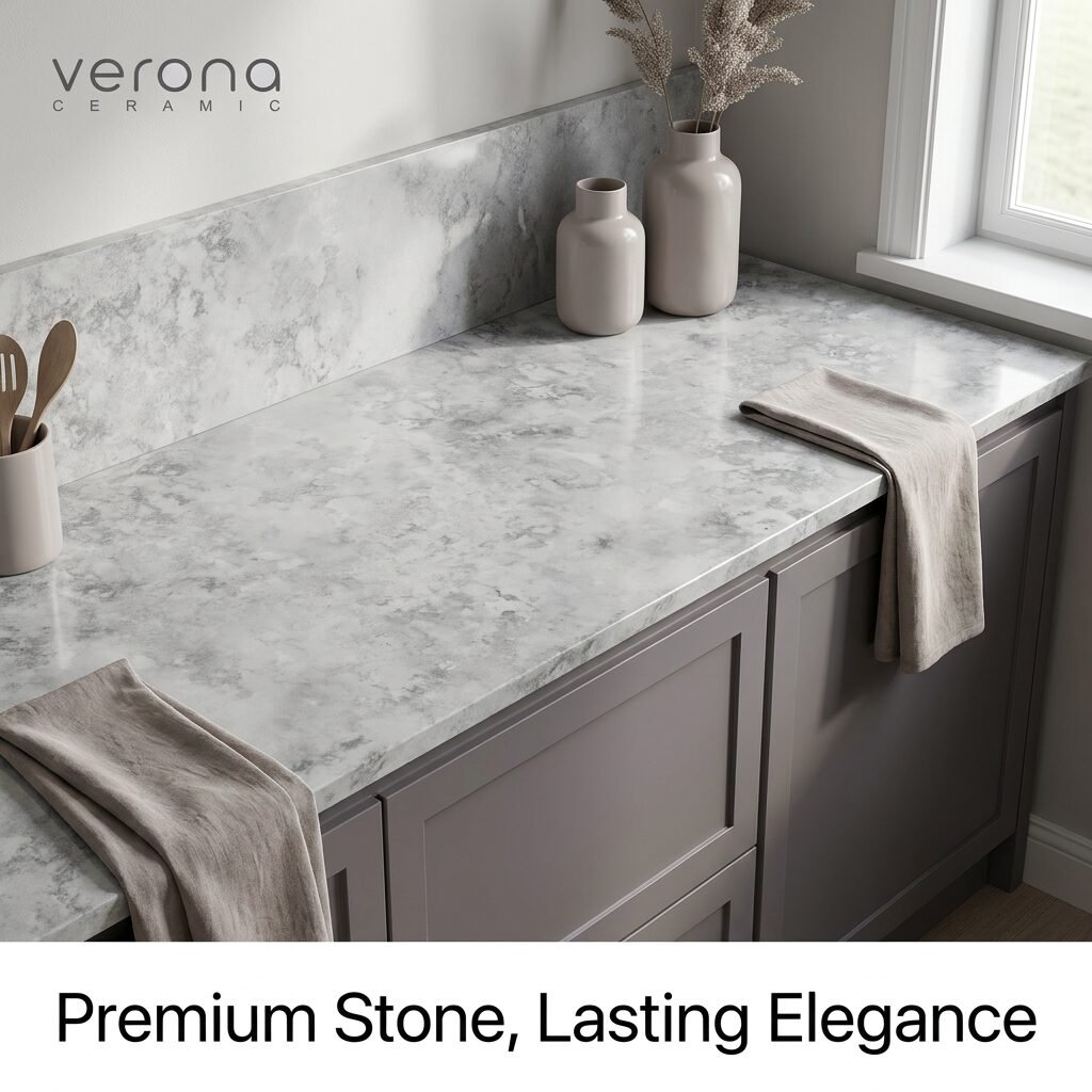 Southern Mist engineered stone countertop with grey cabinetry and textured cloth, showcasing premium zero-silica stone.