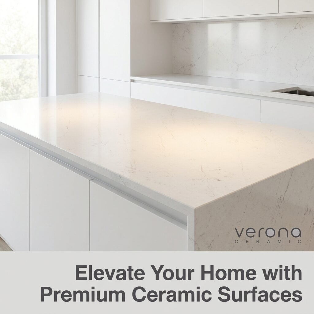 Modern kitchen featuring Verona Ceramic tiles and engineered stone surfaces.