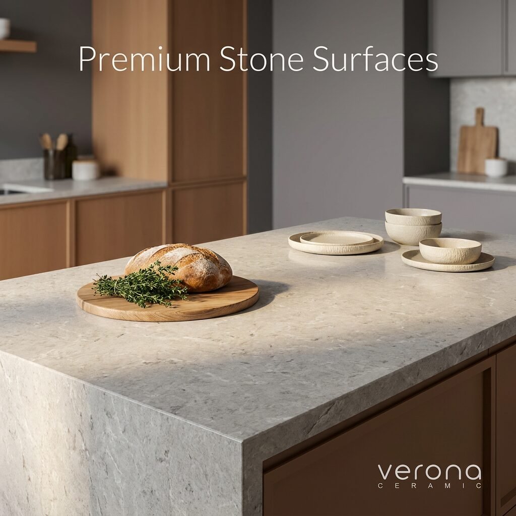 Sahara Sand engineered stone surface in modern kitchen, showcasing a soft off-white and sandy-grey tone.