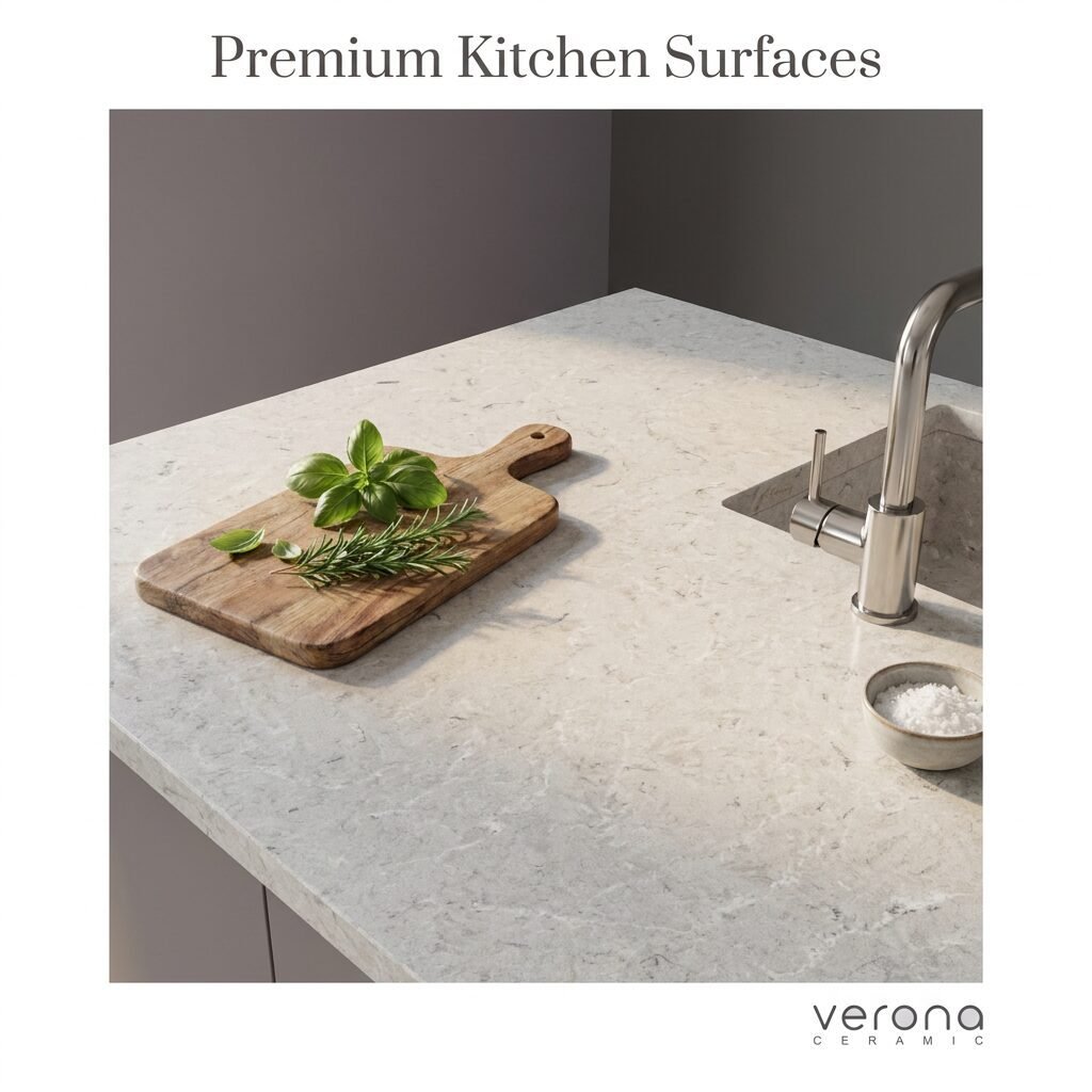 Sahara Sand engineered stone kitchen countertop with wooden cutting board and fresh herbs.